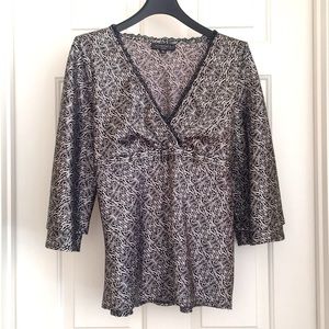 Elementz Women’s Top Petite PL Silky Black White Blouse Deep V-neck Waist Tie